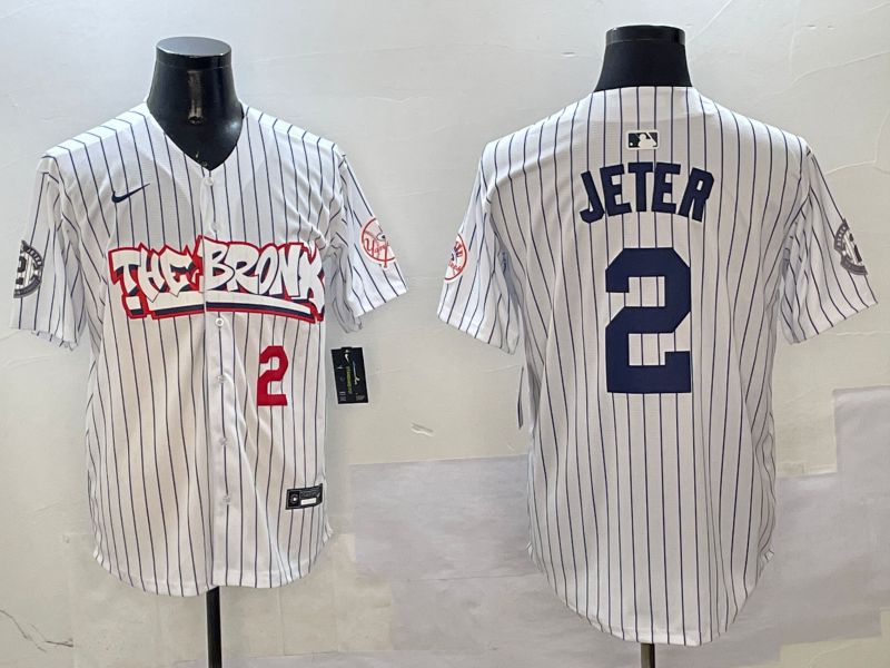 Men New York Yankees 2 Jeter White Stripe four generations Joint Name 2025 Nike MLB Jersey style 4